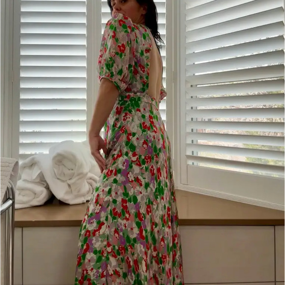 L.K. Bennett Green Floral Silk Midi Dress SIZE 12 Satin Romantic Designer $825 - Picture 5 of 10